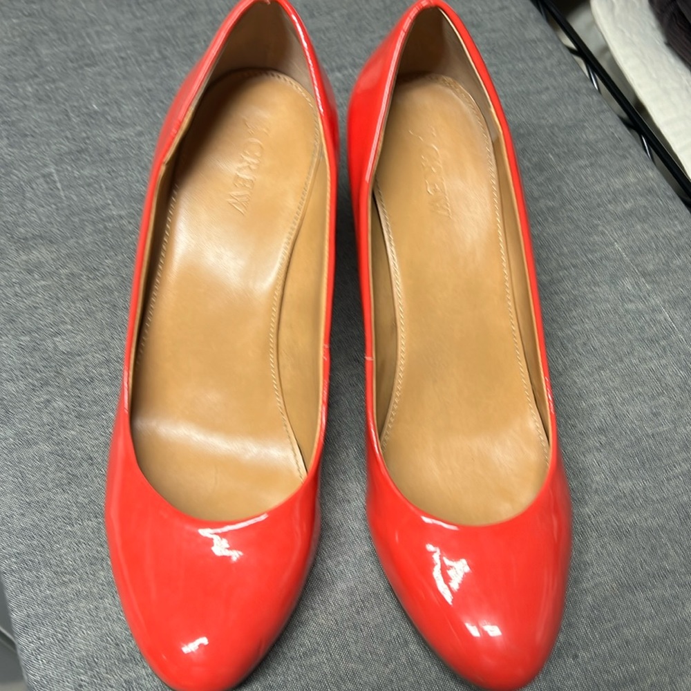 J. Crew size 8. Bright orange patent leather wedge. Lightly used. Fit me sz 7.5